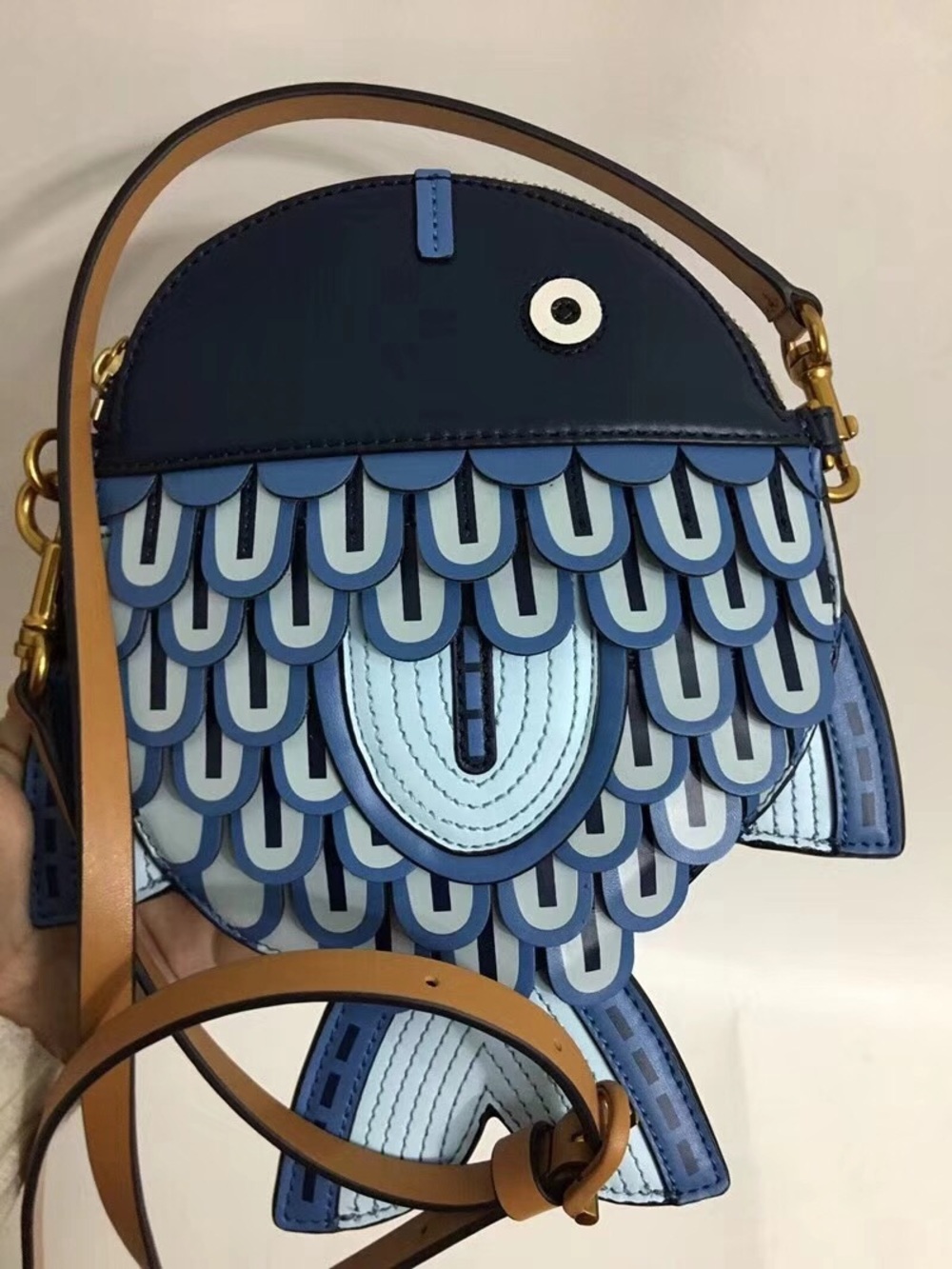 Tory Burch Blue Fish-Shaped Crossbody Bag with Tan Strap